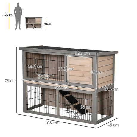 2 Tier Wooden Rabbit Hutch Guinea Pig House Bunny Cage Backyard w/ Ramp Outdoor Run Built-in Tray Openable Roof Small Animal House Brown, 108 x 45 x 78 cm, PawHut,