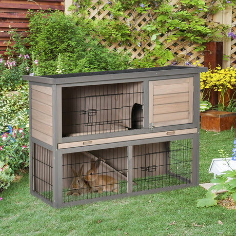 2 Tier Wooden Rabbit Hutch Guinea Pig House Bunny Cage Backyard w/ Ramp Outdoor Run Built-in Tray Openable Roof Small Animal House Brown, 108 x 45 x 78 cm, PawHut,