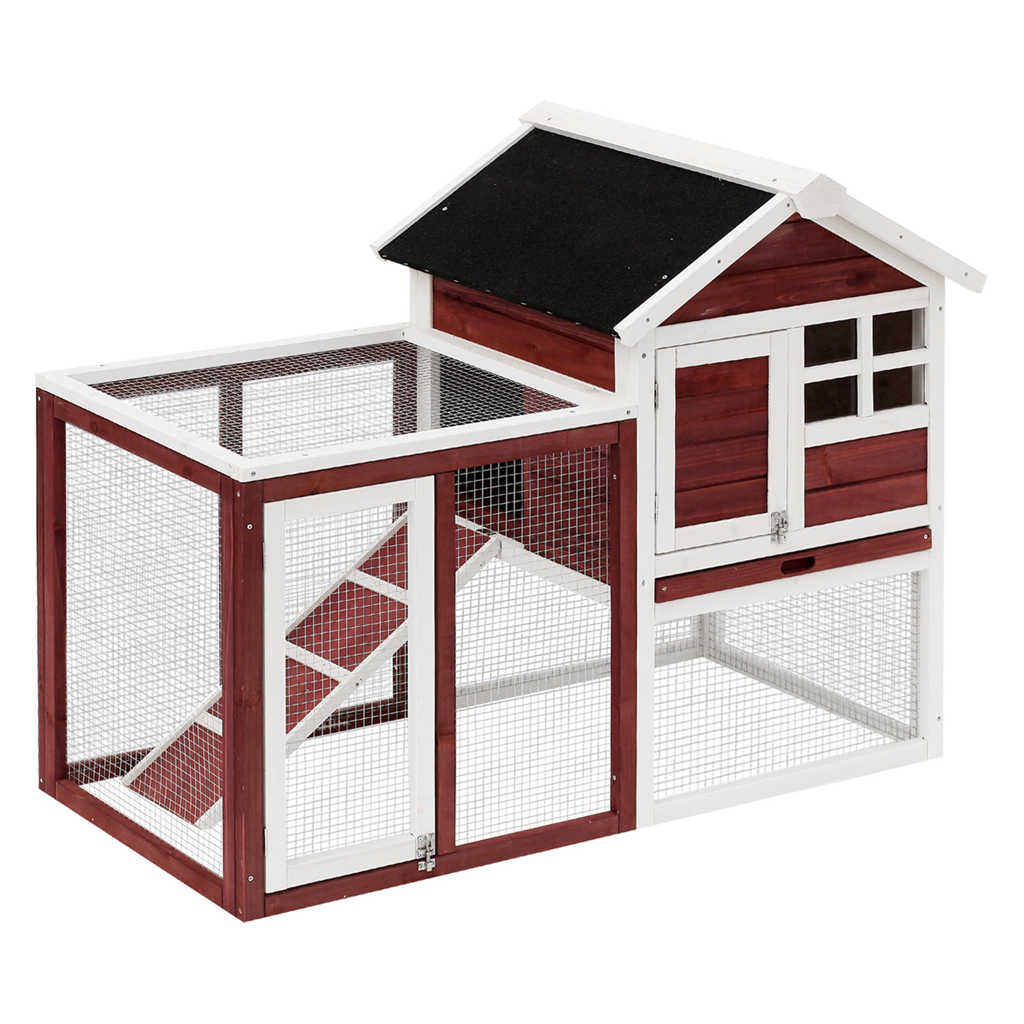 2 Tiers Rabbit Hutch and Run Wooden Guinea Pig Hutch Outdoor with Sliding Tray, Ramp, 122 x 62.6 x 92cm, PawHut, Brown