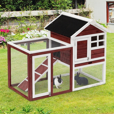 2 Tiers Rabbit Hutch and Run Wooden Guinea Pig Hutch Outdoor with Sliding Tray, Ramp, 122 x 62.6 x 92cm, PawHut, Brown