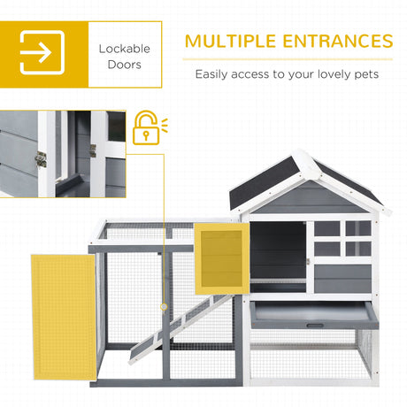 2 Tiers Rabbit Hutch and Run Wooden Guinea Pig Hutch Outdoor with Sliding Tray, Ramp, 122 x 62.6 x 92cm, PawHut, Grey