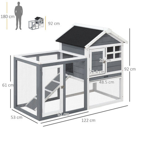 2 Tiers Rabbit Hutch and Run Wooden Guinea Pig Hutch Outdoor with Sliding Tray, Ramp, 122 x 62.6 x 92cm, PawHut, Grey