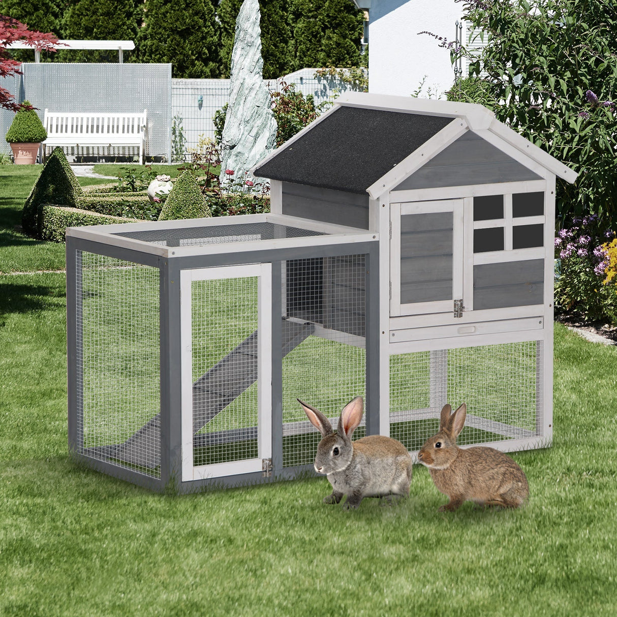 2 Tiers Rabbit Hutch and Run Wooden Guinea Pig Hutch Outdoor with Sliding Tray, Ramp, 122 x 62.6 x 92cm, PawHut, Grey