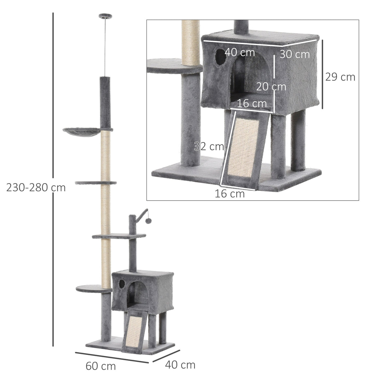 230-280cm Huge Cat Tower Ceiling High Multilevel Sisal Light Grey, PawHut,