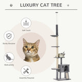 230-280cm Huge Cat Tower Ceiling High Multilevel Sisal Light Grey, PawHut,