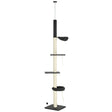 240-270cm Floor-To-Ceiling Cat Tree, 5 Tier Cat Climbing Tower, with Bed, Hammock, Platforms, Black and Cream, PawHut,