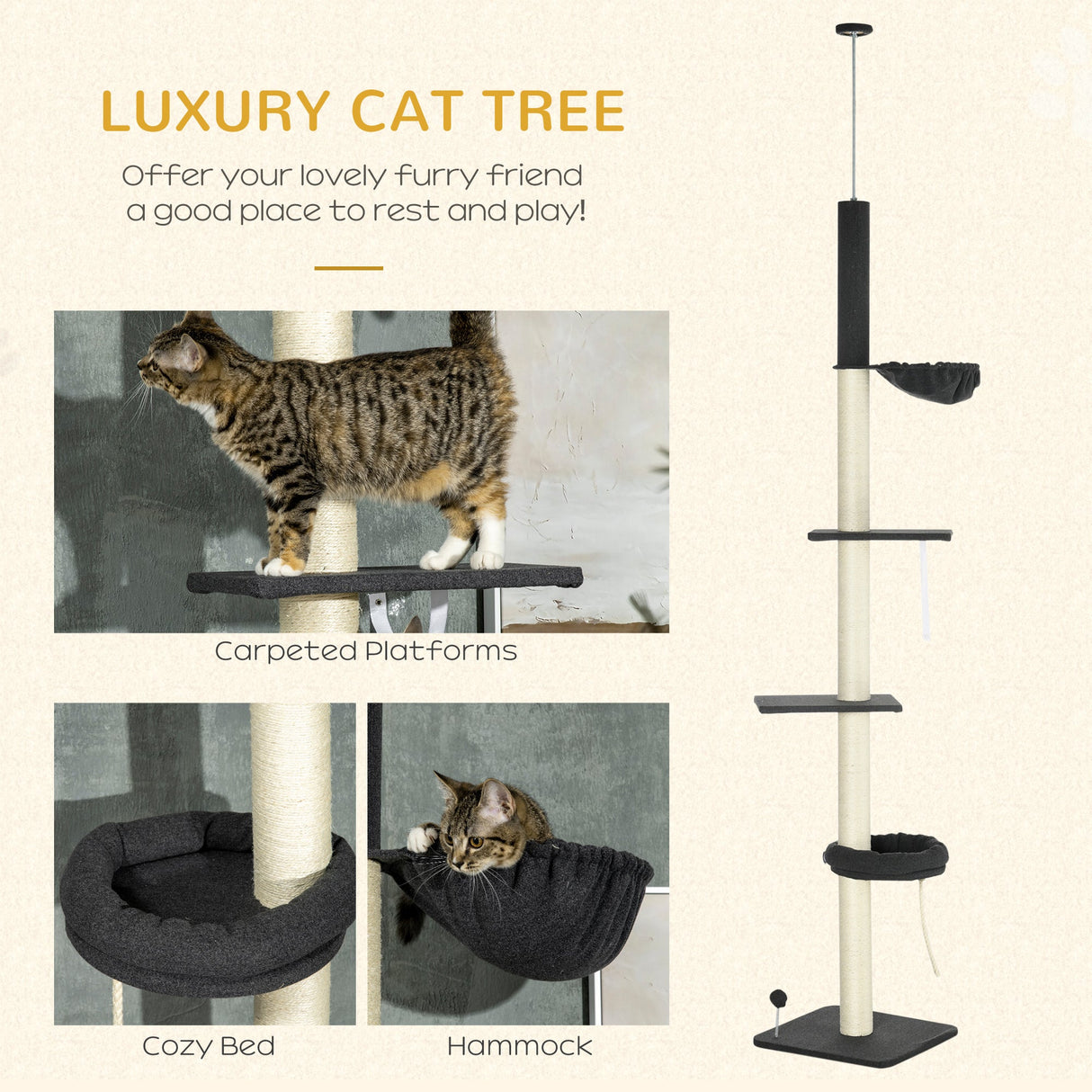 240-270cm Floor-To-Ceiling Cat Tree, 5 Tier Cat Climbing Tower, with Bed, Hammock, Platforms, Black and Cream, PawHut,