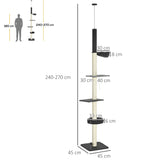 240-270cm Floor-To-Ceiling Cat Tree, 5 Tier Cat Climbing Tower, with Bed, Hammock, Platforms, Black and Cream, PawHut,