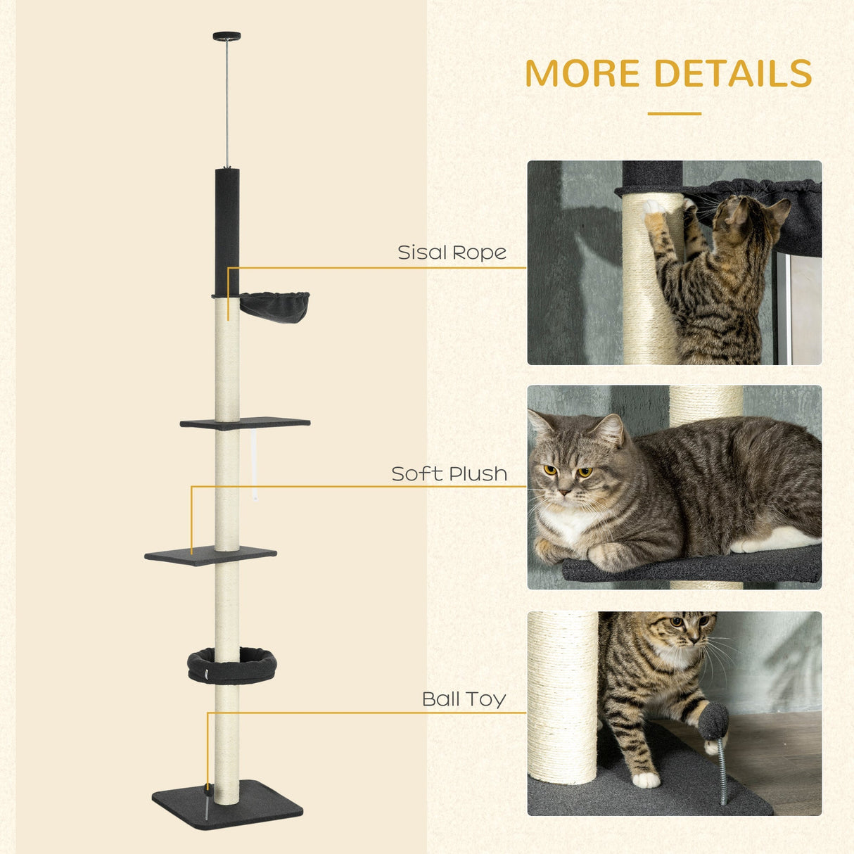 240-270cm Floor-To-Ceiling Cat Tree, 5 Tier Cat Climbing Tower, with Bed, Hammock, Platforms, Black and Cream, PawHut,