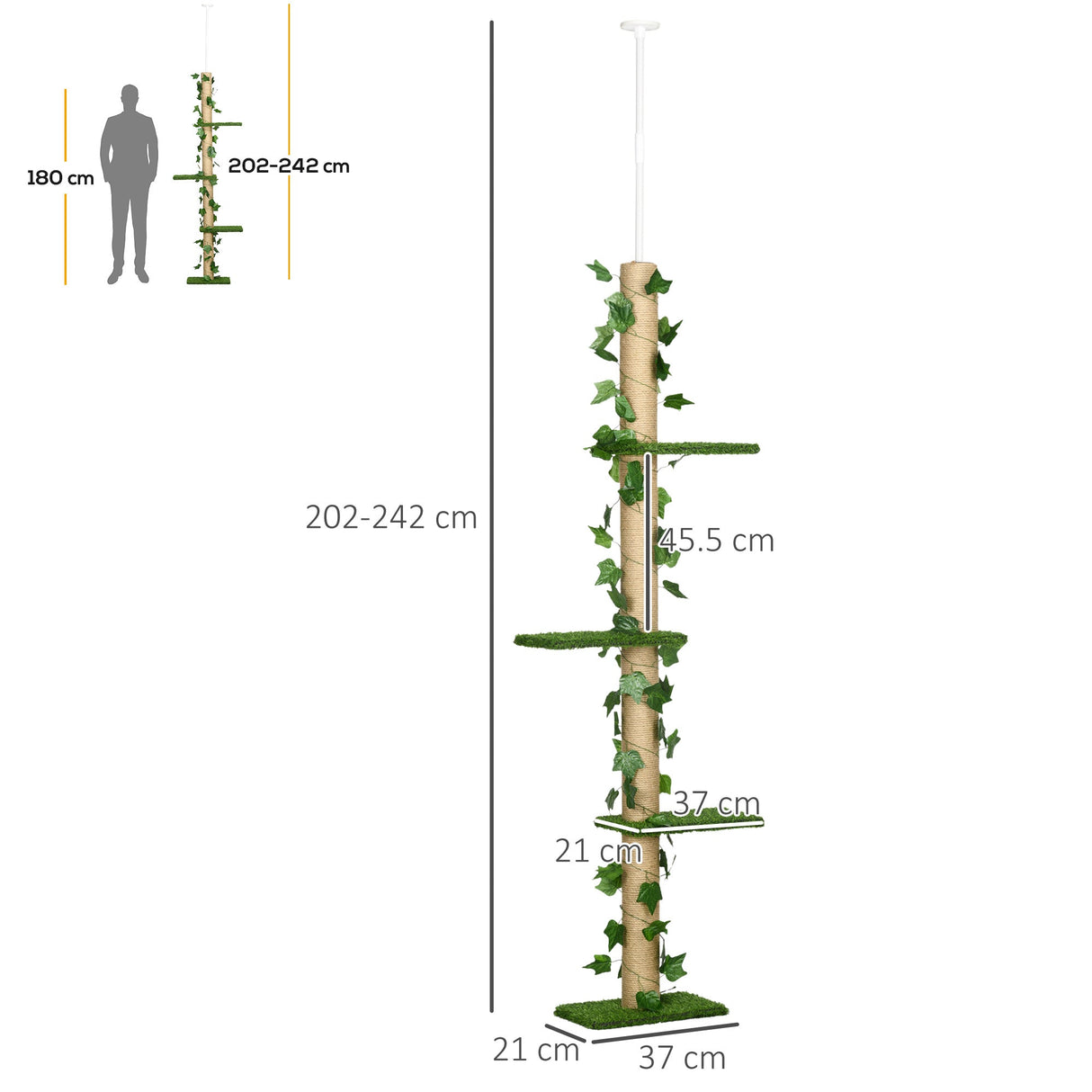 242cm Adjustable Floor-To-Ceiling Cat Tree, with Artificial Decoration, Perches, Anti-Slip Kit, PawHut, Green