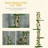 242cm Adjustable Floor-To-Ceiling Cat Tree, with Artificial Decoration, Perches, Anti-Slip Kit, PawHut, Green