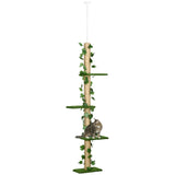 242cm Adjustable Floor-To-Ceiling Cat Tree, with Artificial Decoration, Perches, Anti-Slip Kit, PawHut, Green