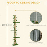 242cm Adjustable Floor-To-Ceiling Cat Tree, with Artificial Decoration, Perches, Anti-Slip Kit, PawHut, Green