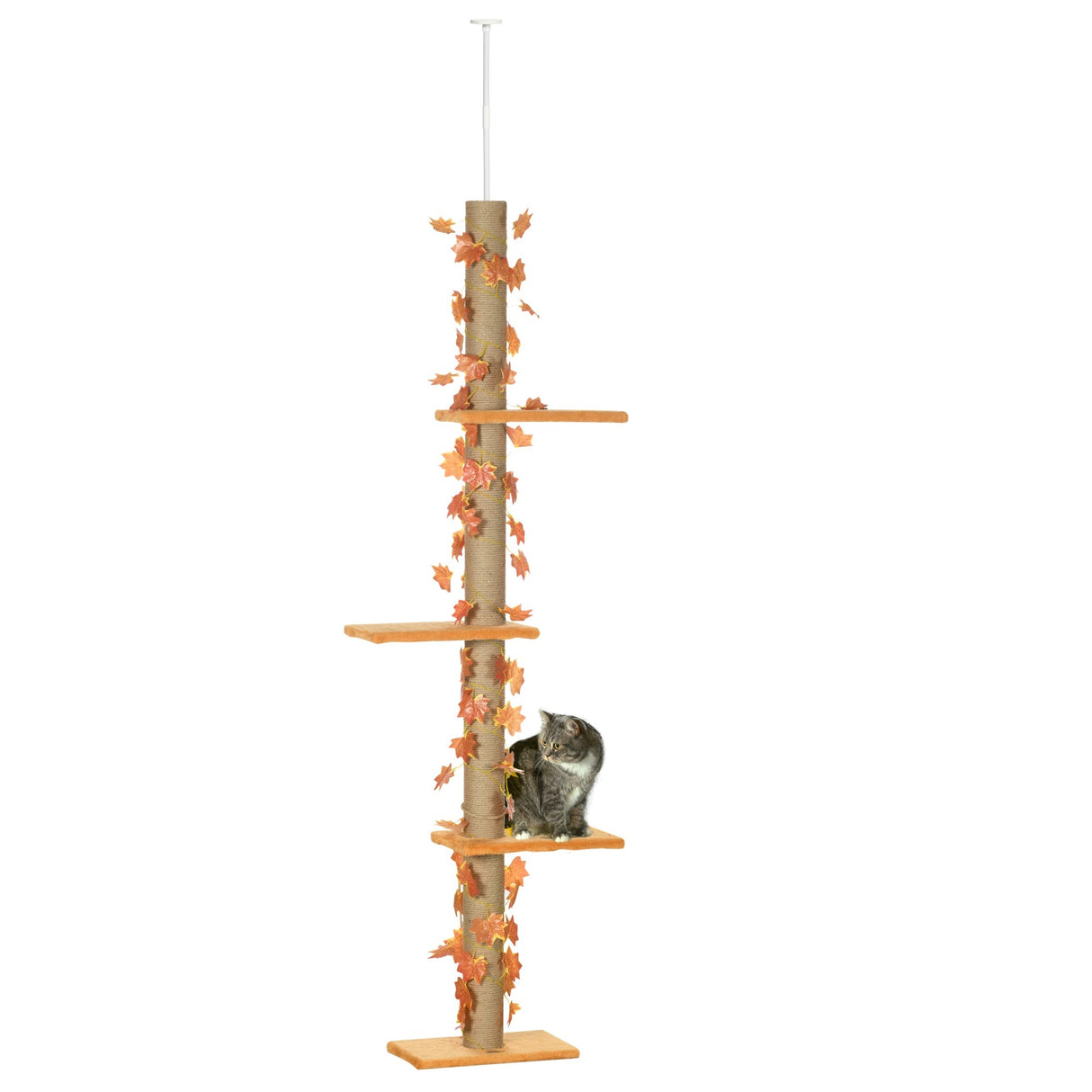 242cm Adjustable Floor-To-Ceiling Cat Tree, with Artificial Decoration, Perches, Anti-Slip Kit, PawHut, Orange