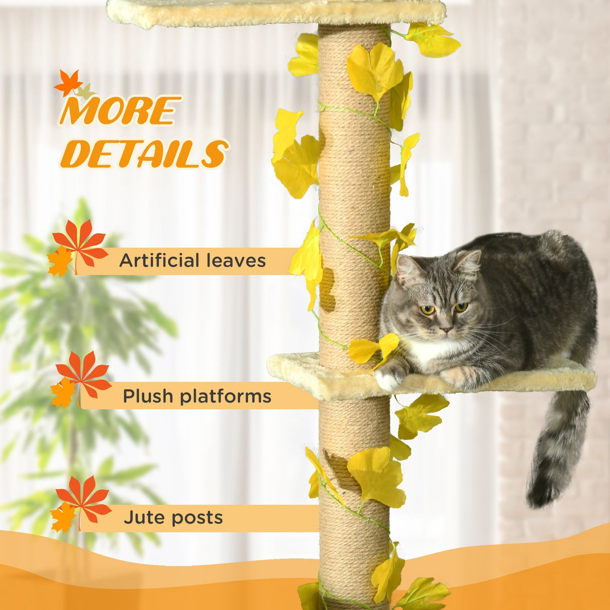 242cm Adjustable Floor-To-Ceiling Cat Tree, with Artificial Decoration, Perches, Anti-Slip Kit, PawHut, Yellow