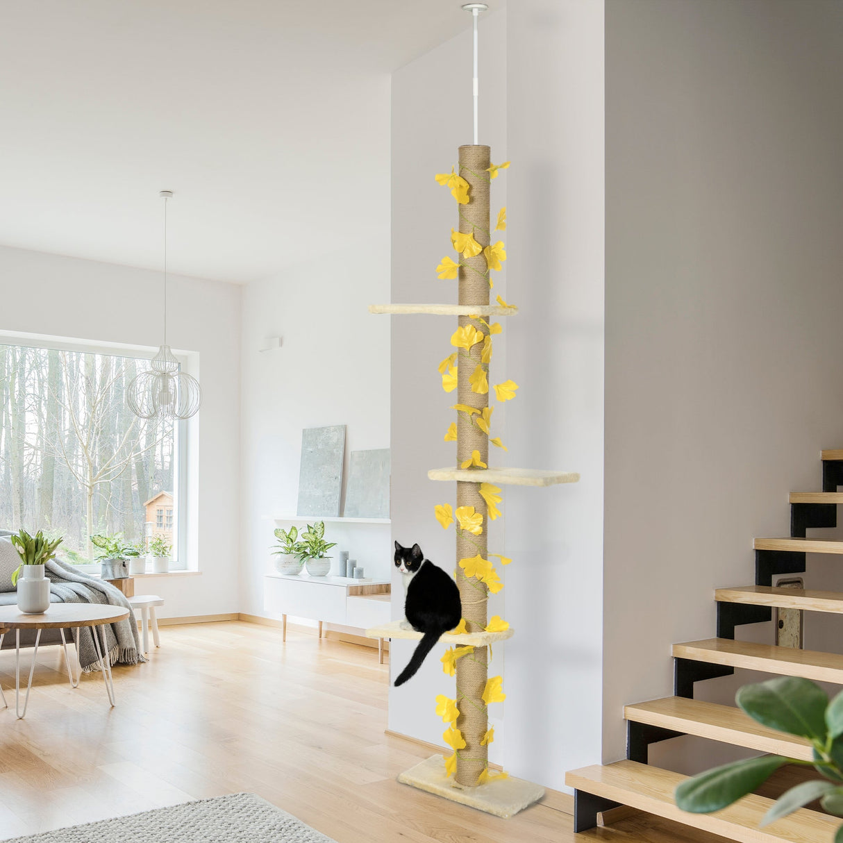 242cm Adjustable Floor-To-Ceiling Cat Tree, with Artificial Decoration, Perches, Anti-Slip Kit, PawHut, Yellow