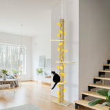 242cm Adjustable Floor-To-Ceiling Cat Tree, with Artificial Decoration, Perches, Anti-Slip Kit, PawHut, Yellow