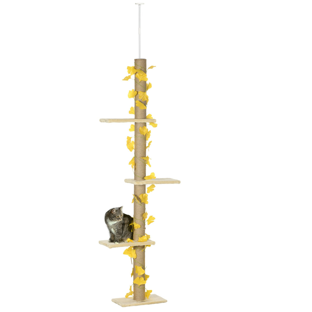 242cm Adjustable Floor-To-Ceiling Cat Tree, with Artificial Decoration, Perches, Anti-Slip Kit, PawHut, Yellow