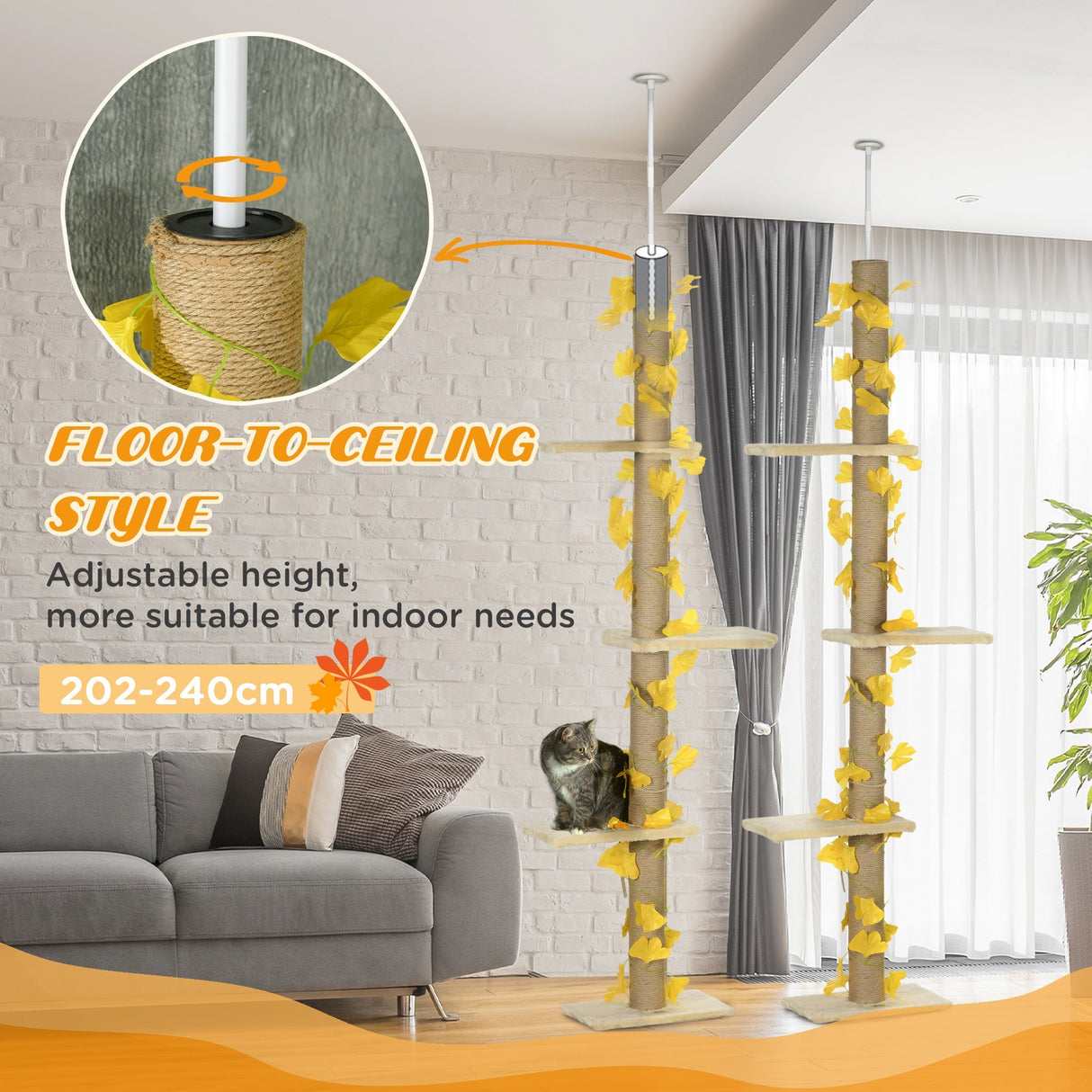 242cm Adjustable Floor-To-Ceiling Cat Tree, with Artificial Decoration, Perches, Anti-Slip Kit, PawHut, Yellow