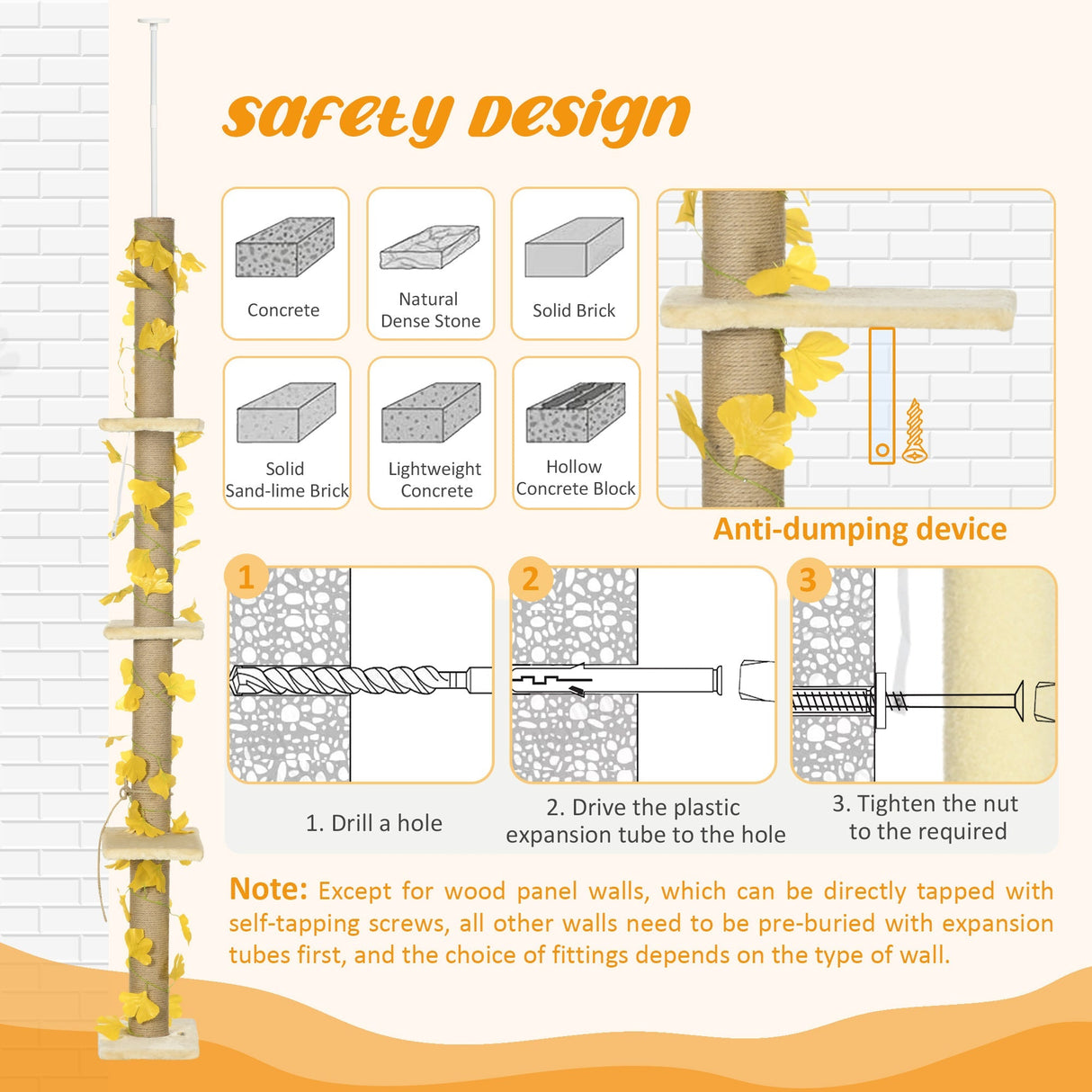 242cm Adjustable Floor-To-Ceiling Cat Tree, with Artificial Decoration, Perches, Anti-Slip Kit, PawHut, Yellow