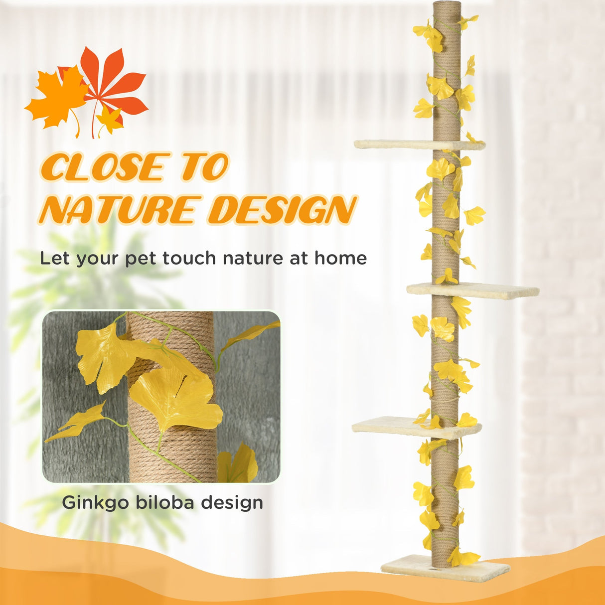 242cm Adjustable Floor-To-Ceiling Cat Tree, with Artificial Decoration, Perches, Anti-Slip Kit, PawHut, Yellow
