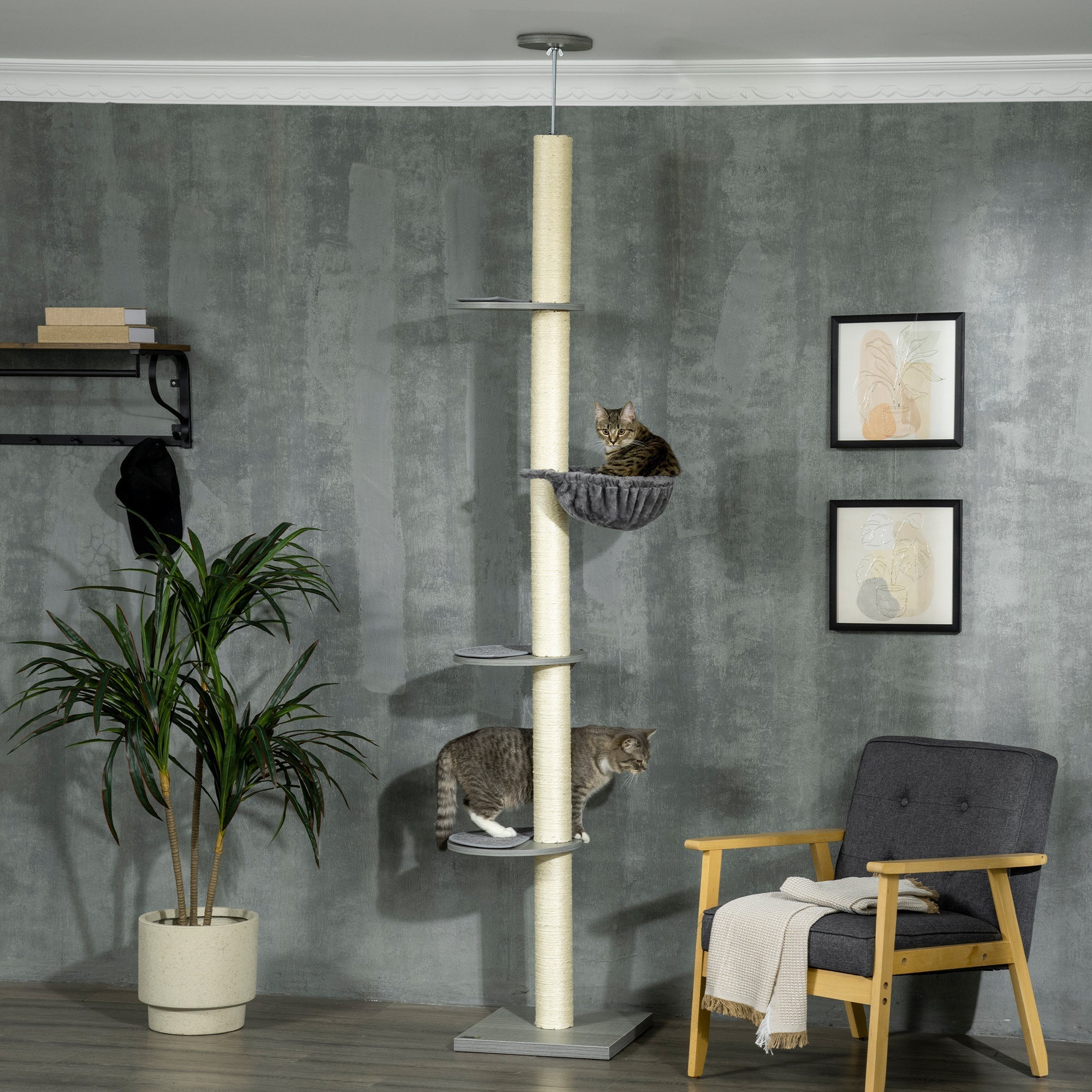250cm Floor to Ceiling Cat Tree with Hammock, Scratching Post, PawHut,