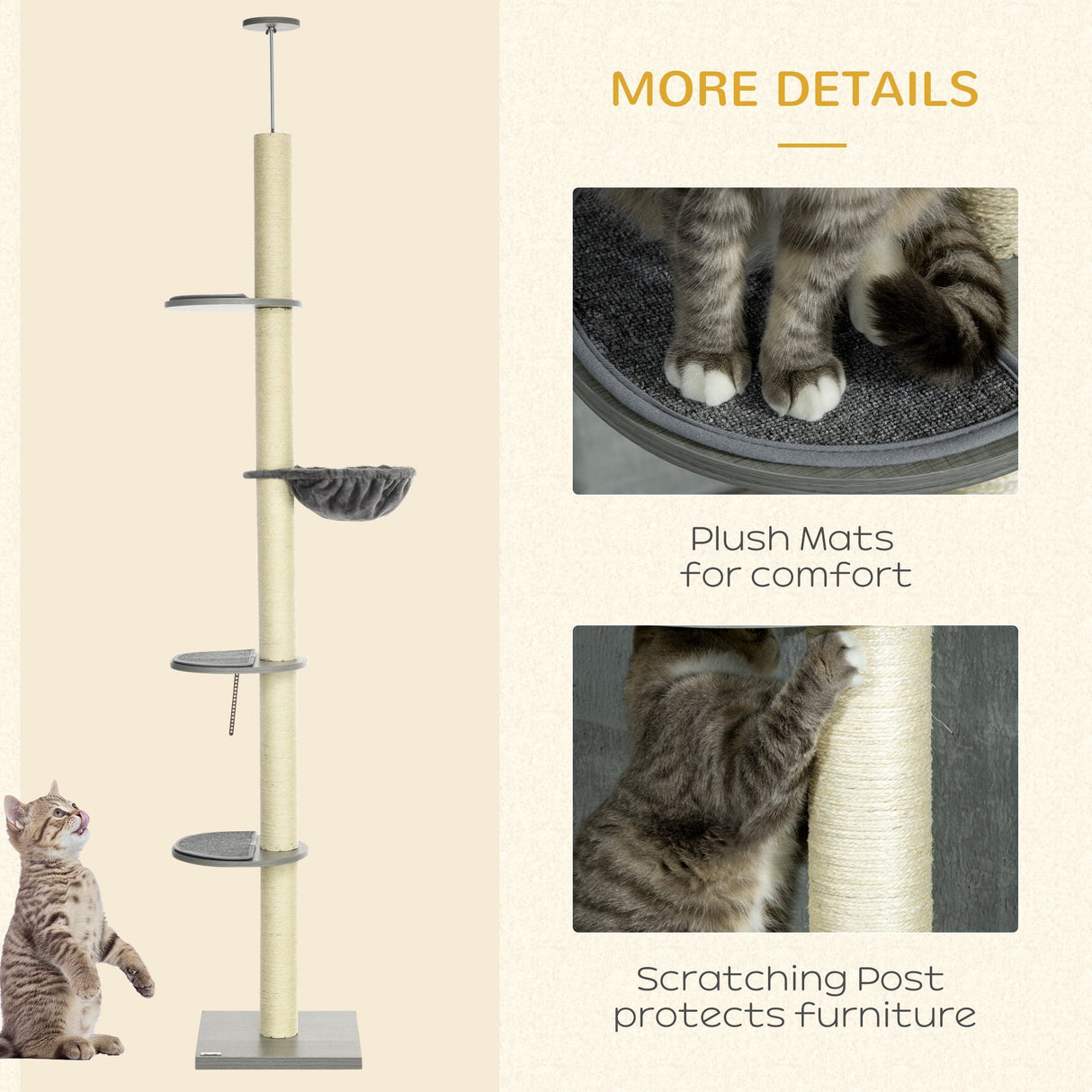 250cm Floor to Ceiling Cat Tree with Hammock, Scratching Post, PawHut,
