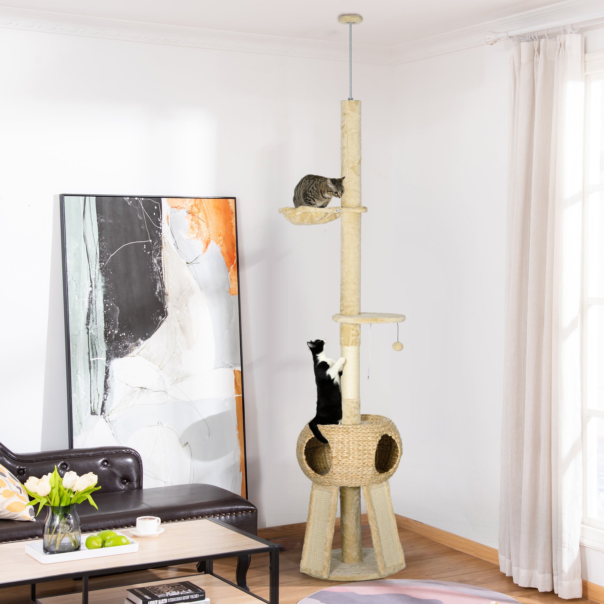 255cm Cat Tree Tower for Indoor Cats, with Scratching Post, Cat House, Platform - Beige, PawHut,