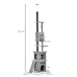 255cm Floor To Ceiling Cat Tree for Indoor Cats Climber Scratching Post Adjustable Height Play Tower Removable Cover Grey, PawHut,