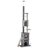 255cm Floor To Ceiling Cat Tree for Indoor Cats Climber Scratching Post Adjustable Height Play Tower Removable Cover Grey, PawHut,