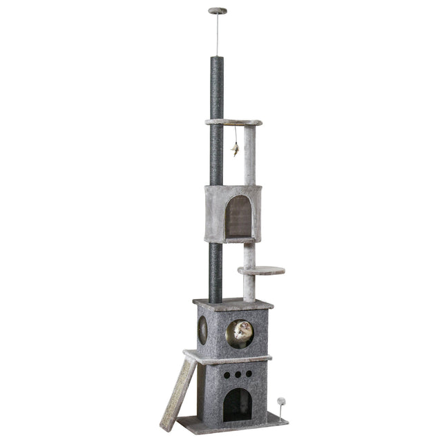 255cm Floor To Ceiling Cat Tree for Indoor Cats Climber Scratching Post Adjustable Height Play Tower Removable Cover Grey, PawHut,