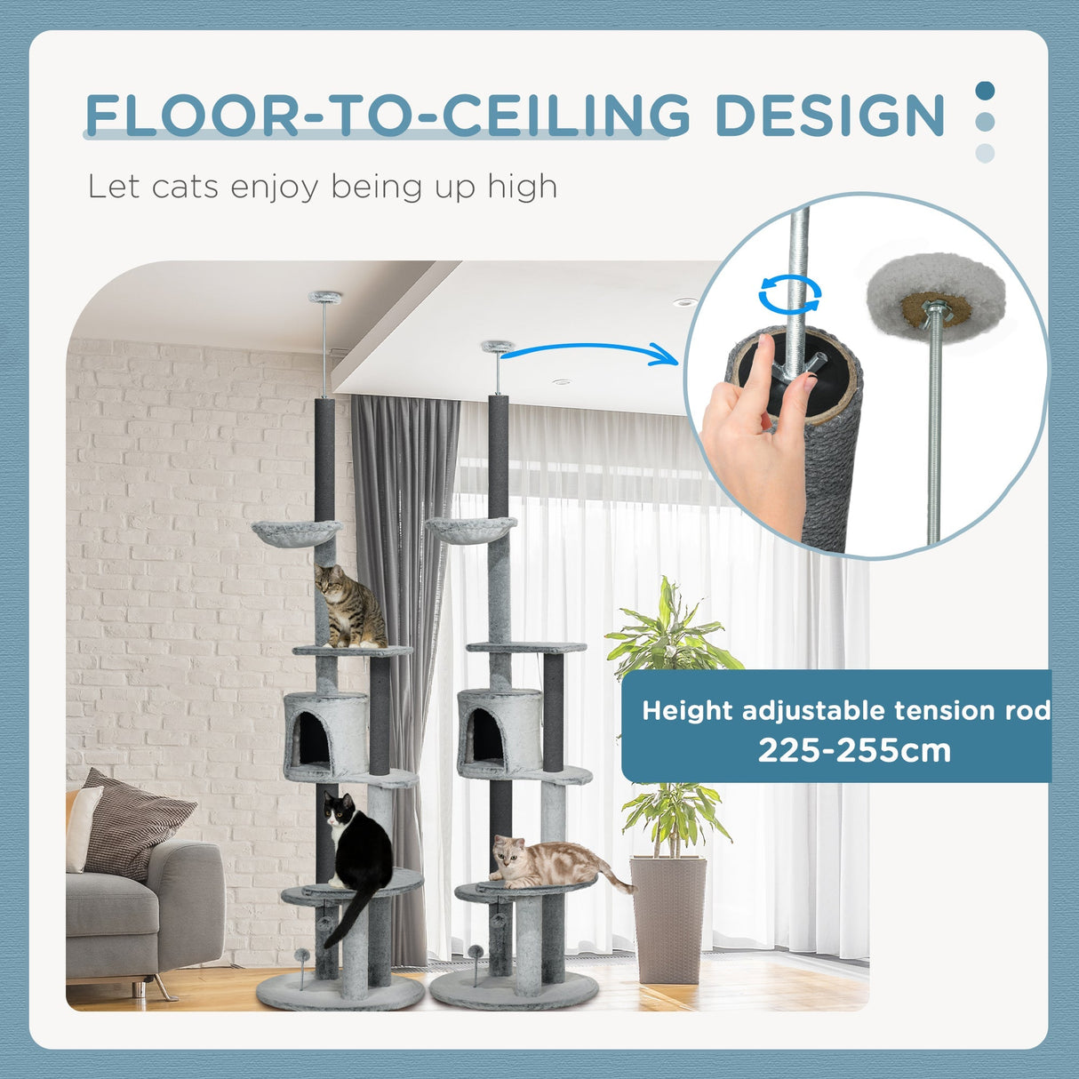 255cm Floor to Ceiling Cat Tree with Scratching Posts, Height Adjustable Cat Tower with Hammock, House, Anti-tipping Kit, Perches, Toys, Grey, PawHut,