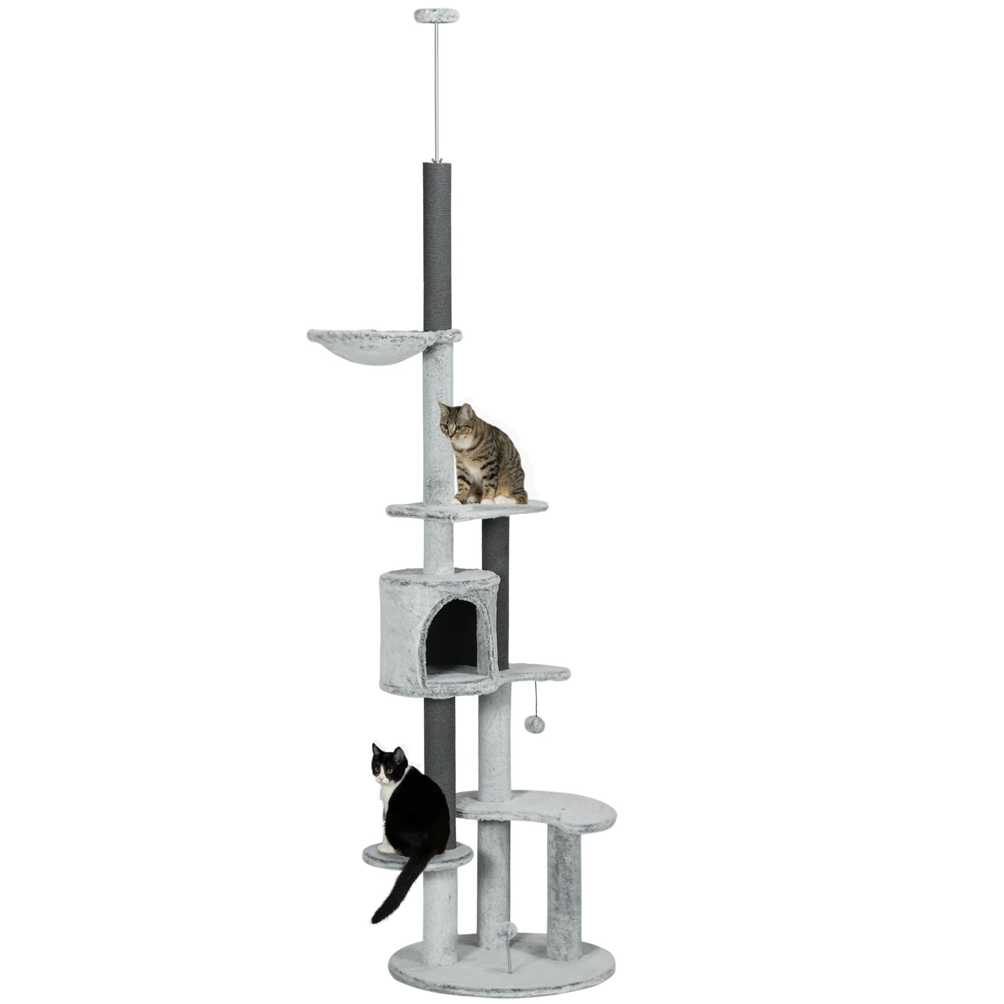 255cm Floor to Ceiling Cat Tree with Scratching Posts, Height Adjustable Cat Tower with Hammock, House, Anti-tipping Kit, Perches, Toys, Grey, PawHut,