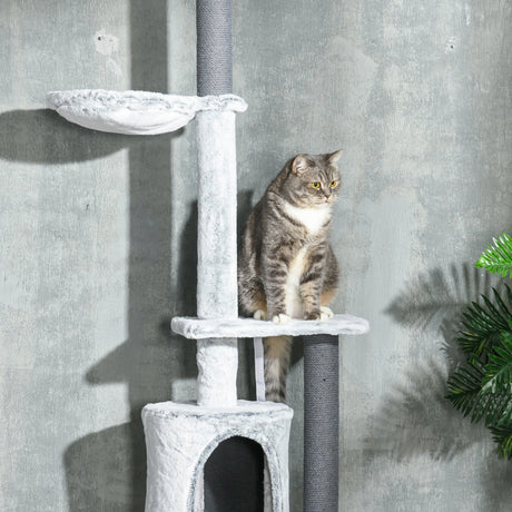 255cm Floor to Ceiling Cat Tree with Scratching Posts, Height Adjustable Cat Tower with Hammock, House, Anti-tipping Kit, Perches, Toys, Grey, PawHut,