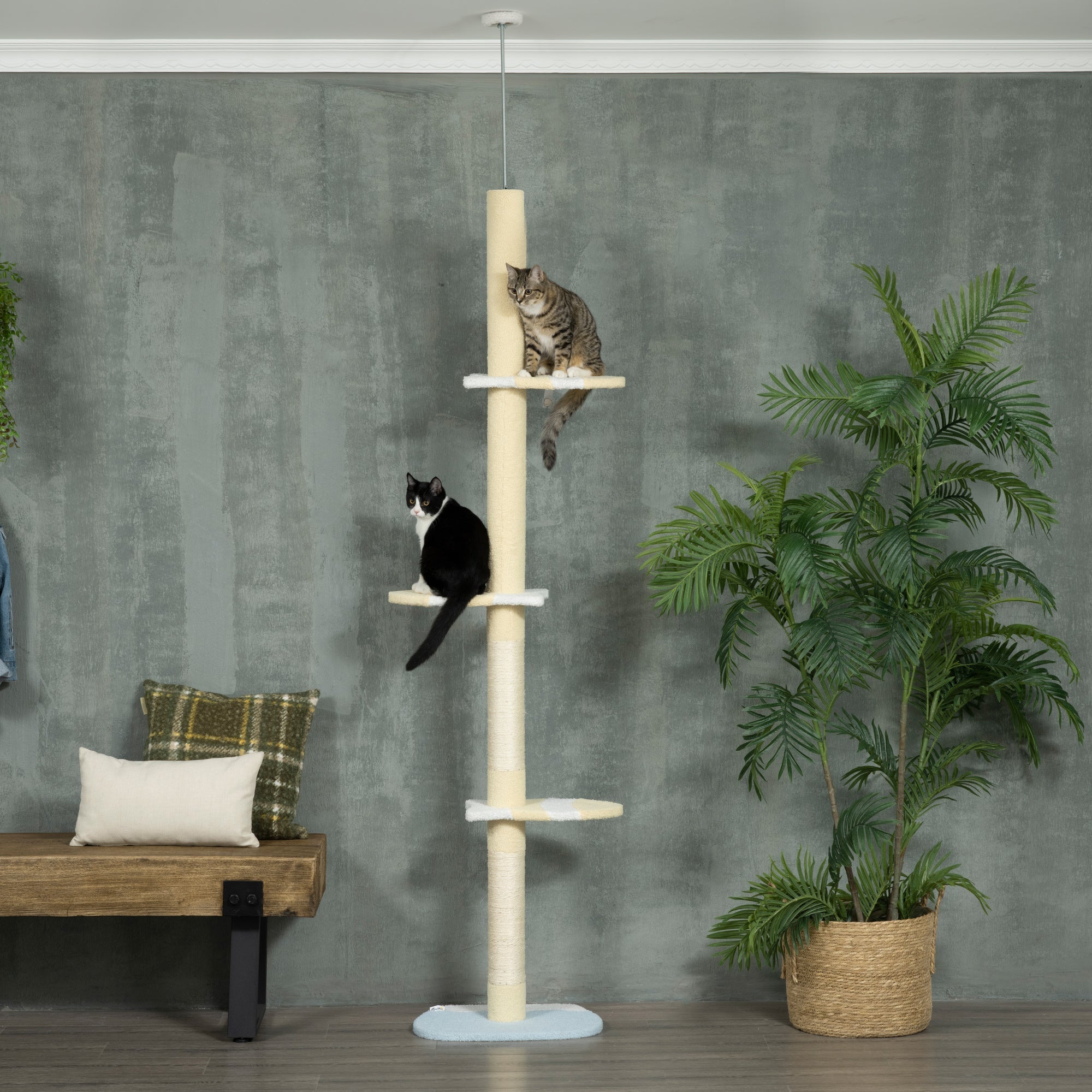 260cm Floor to Ceiling Cat Tree, Height Adjustable Kitten Tower with Anti-slip Kit, Multi-Layer Activity Center with Fish-shaped Perches Scratching Post Ball Toy, Yellow, PawHut,