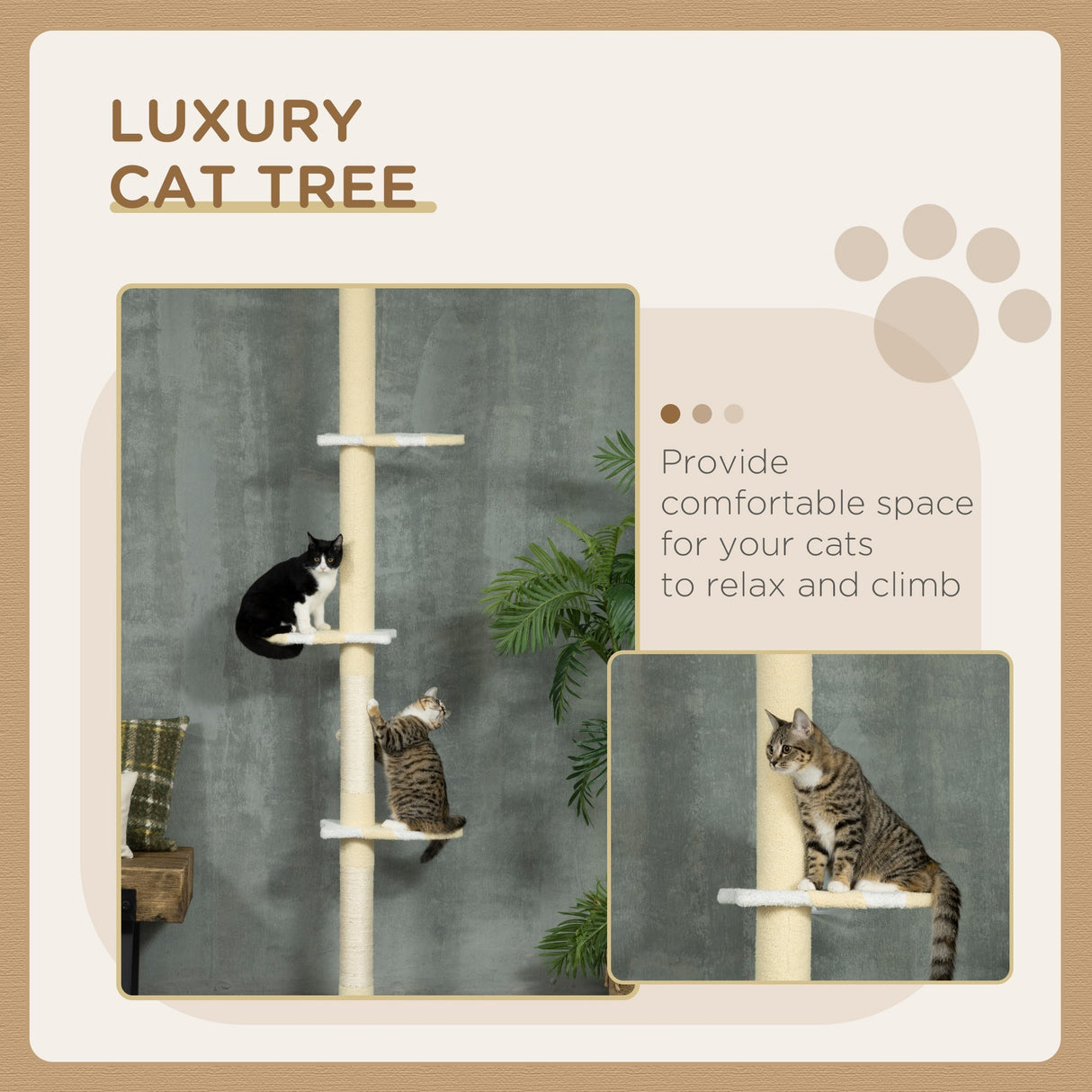 260cm Floor to Ceiling Cat Tree, Height Adjustable Kitten Tower with Anti-slip Kit, Multi-Layer Activity Center with Fish-shaped Perches Scratching Post Ball Toy, Yellow, PawHut,