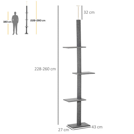 260cm Floor To Ceiling Cat Tree w/ 3 Perches Flannel Upholstery, PawHut, Brown