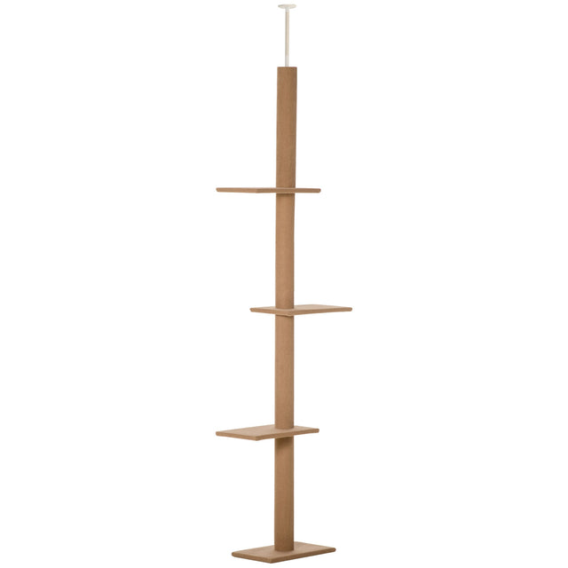 260cm Floor To Ceiling Cat Tree w/ 3 Perches Flannel Upholstery, PawHut, Brown