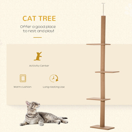 260cm Floor To Ceiling Cat Tree w/ 3 Perches Flannel Upholstery, PawHut, Brown