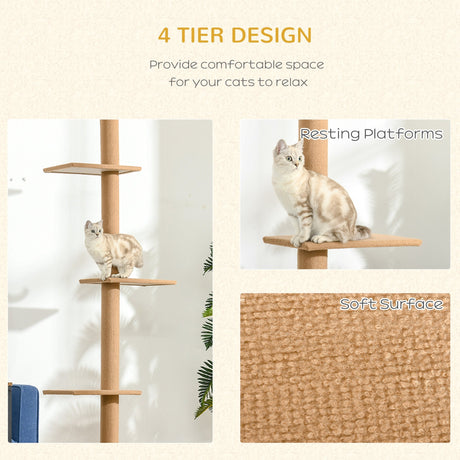 260cm Floor To Ceiling Cat Tree w/ 3 Perches Flannel Upholstery, PawHut, Brown