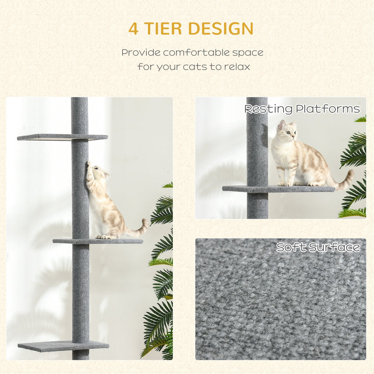 260cm Floor To Ceiling Cat Tree w/ 3 Perches Flannel Upholstery, PawHut, Brown