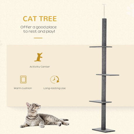 260cm Floor To Ceiling Cat Tree w/ 3 Perches Flannel Upholstery, PawHut, Brown