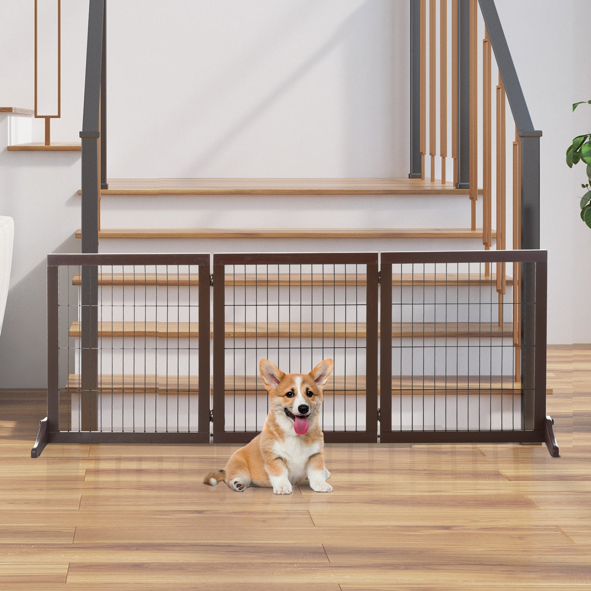 3 Panel Pet Gate Pine Frame Indoor Foldable Dog Barrier w/Supporting Foot Dividing Line Aisles Stairs, PawHut,