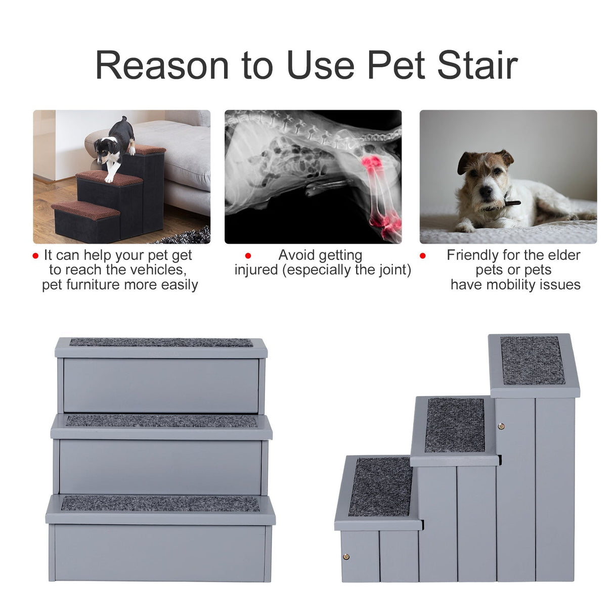 3 Step Wooden Dog Steps Pet Stairs for Dogs, Cat Ladder for Bed Couch with Storage, PawHut, Grey