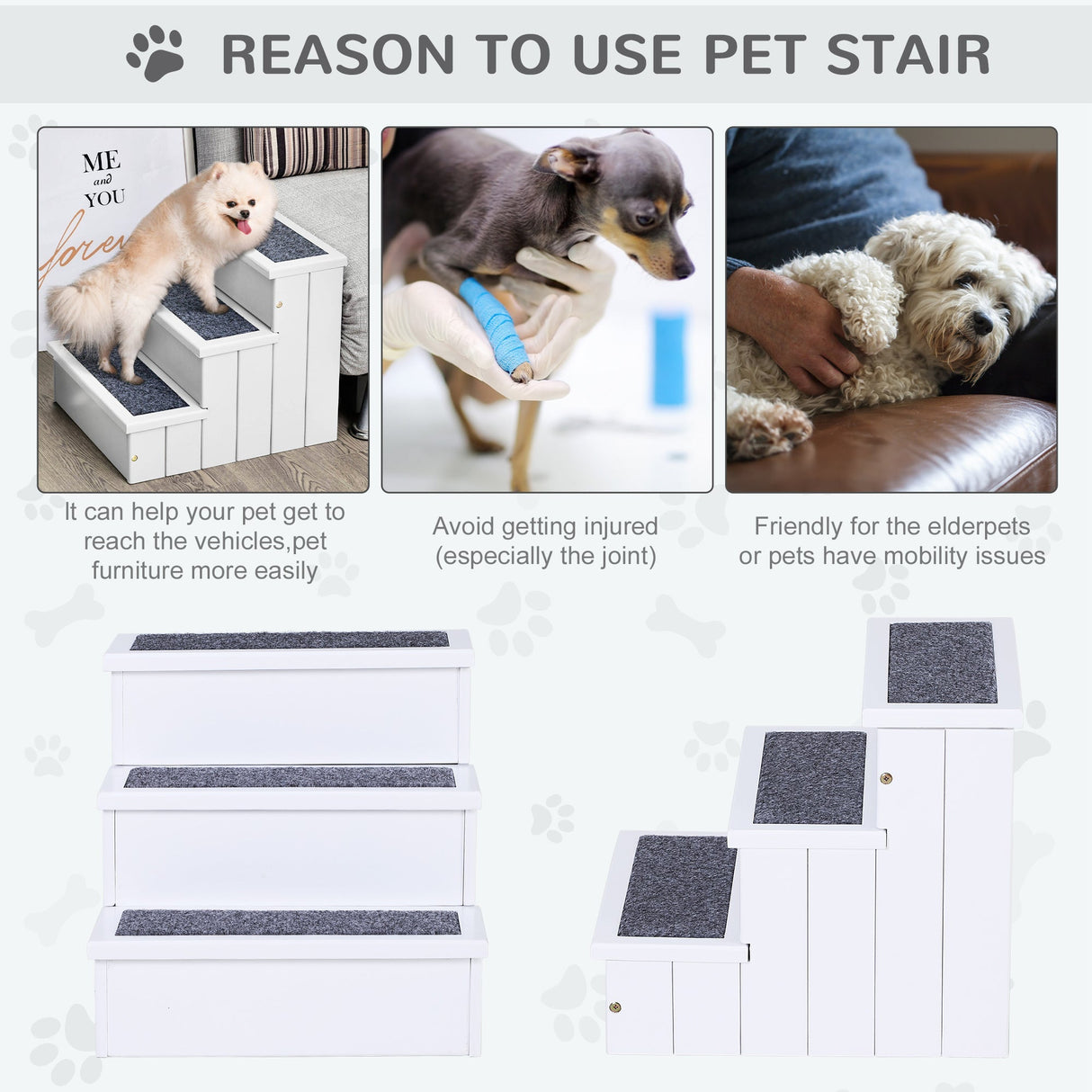 3 Step Wooden Dog Steps Pet Stairs for Dogs, Cat Ladder for Bed Couch with Storage, PawHut, Grey