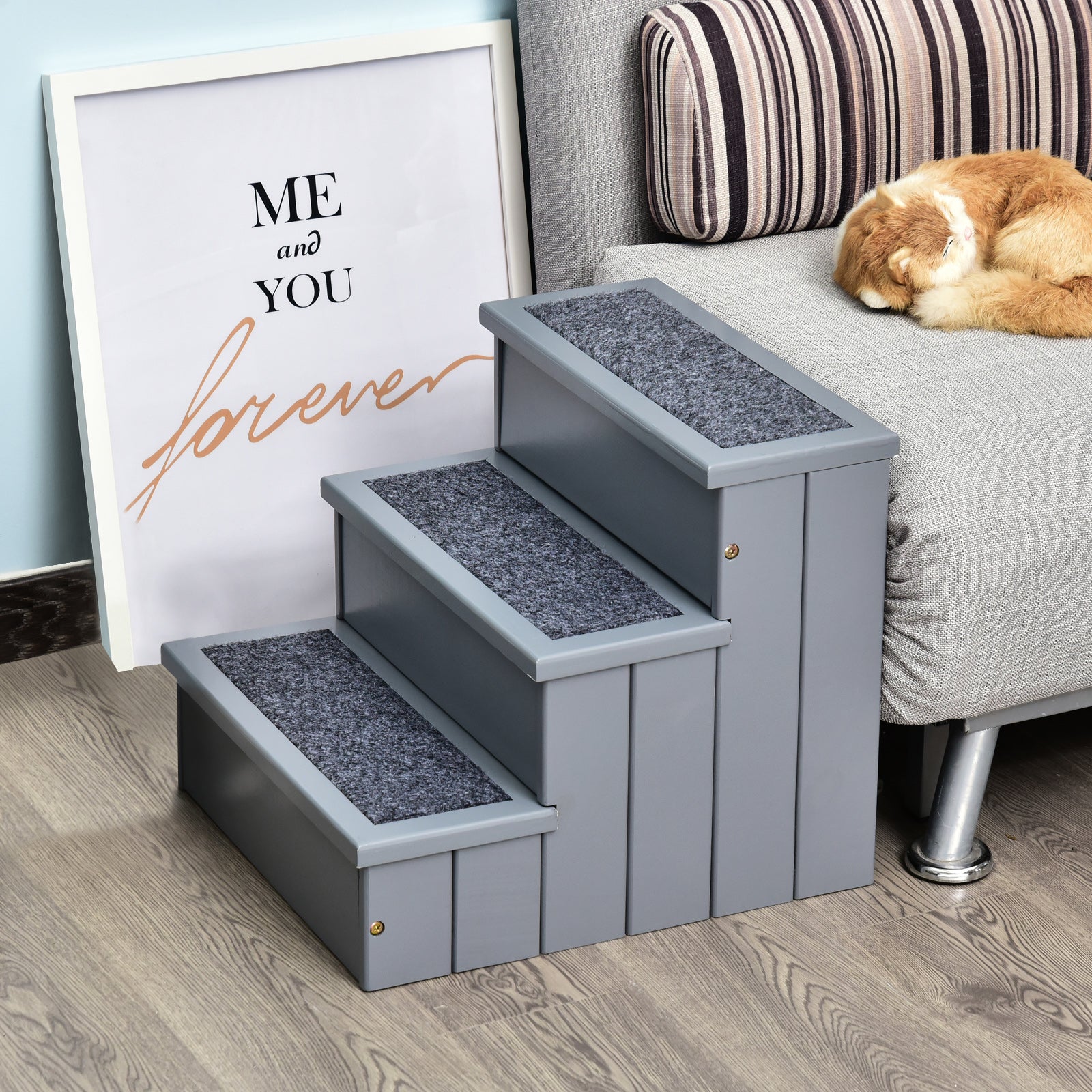3 Step Wooden Dog Steps Pet Stairs for Dogs, Cat Ladder for Bed Couch with Storage, PawHut, Grey