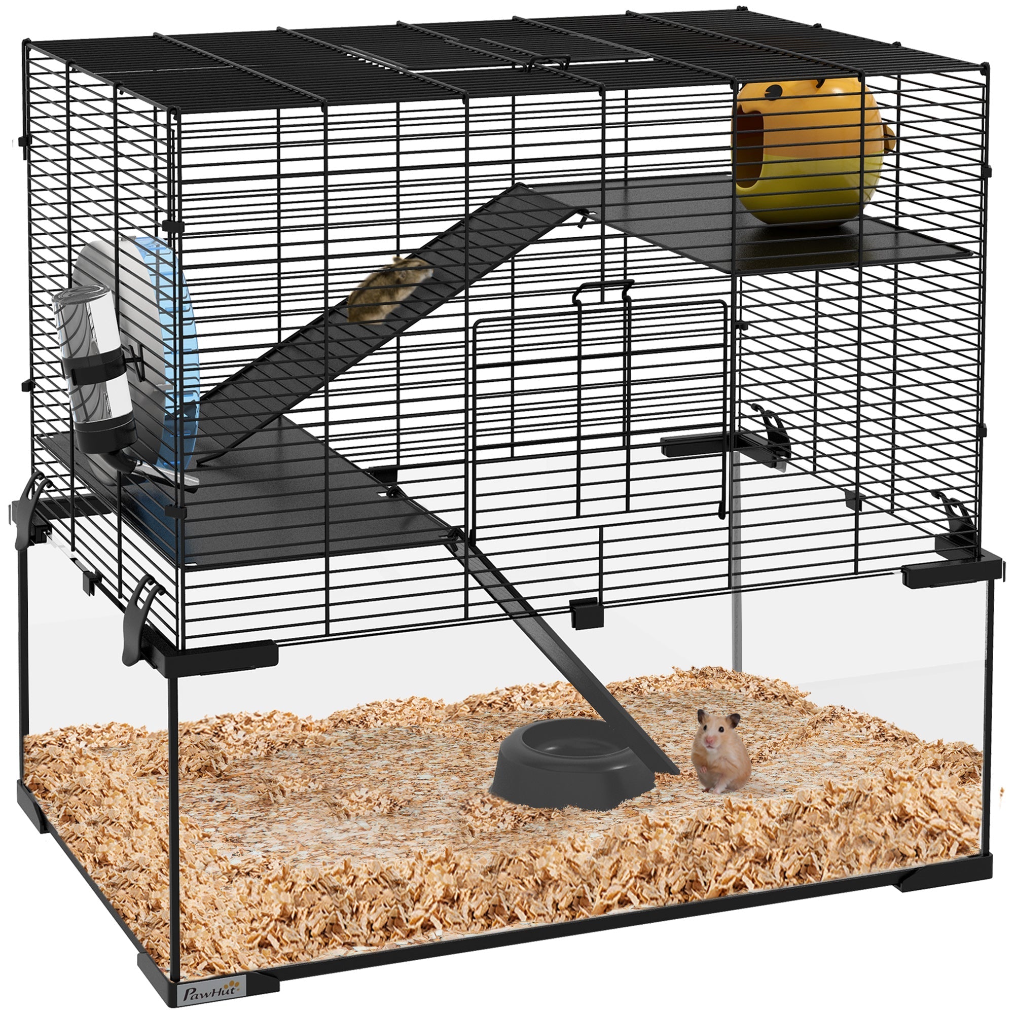 3-Tier Gerbil & Hamster Cage with Glass Bottom - 60x40x57cm, PawHut,
