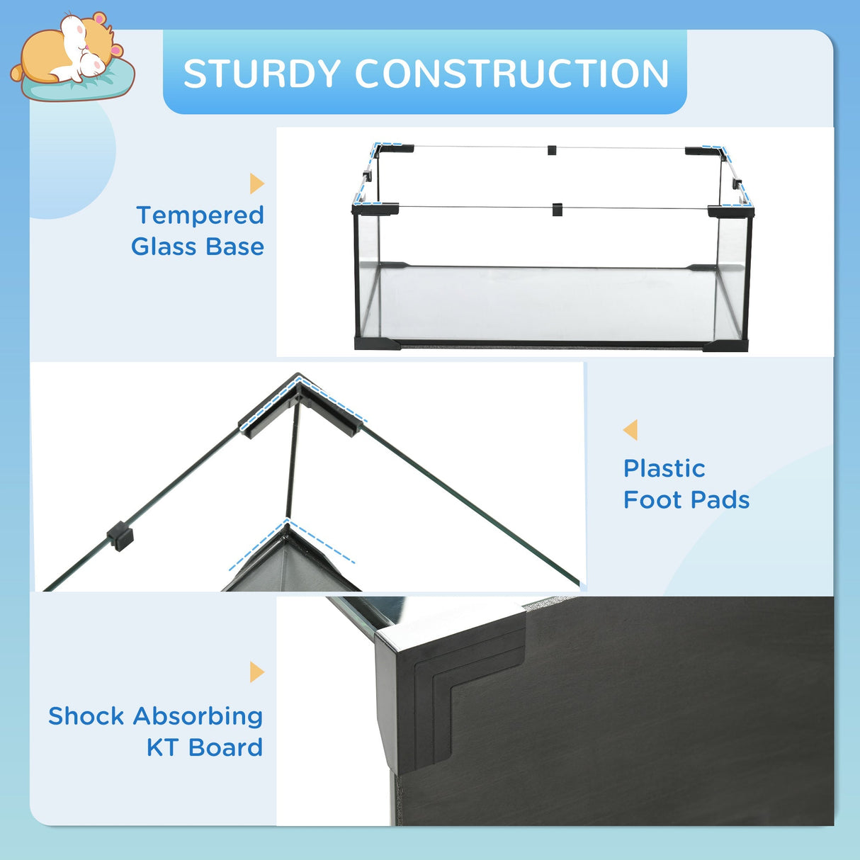 3-Tier Gerbil & Hamster Cage with Glass Bottom - 60x40x57cm, PawHut,