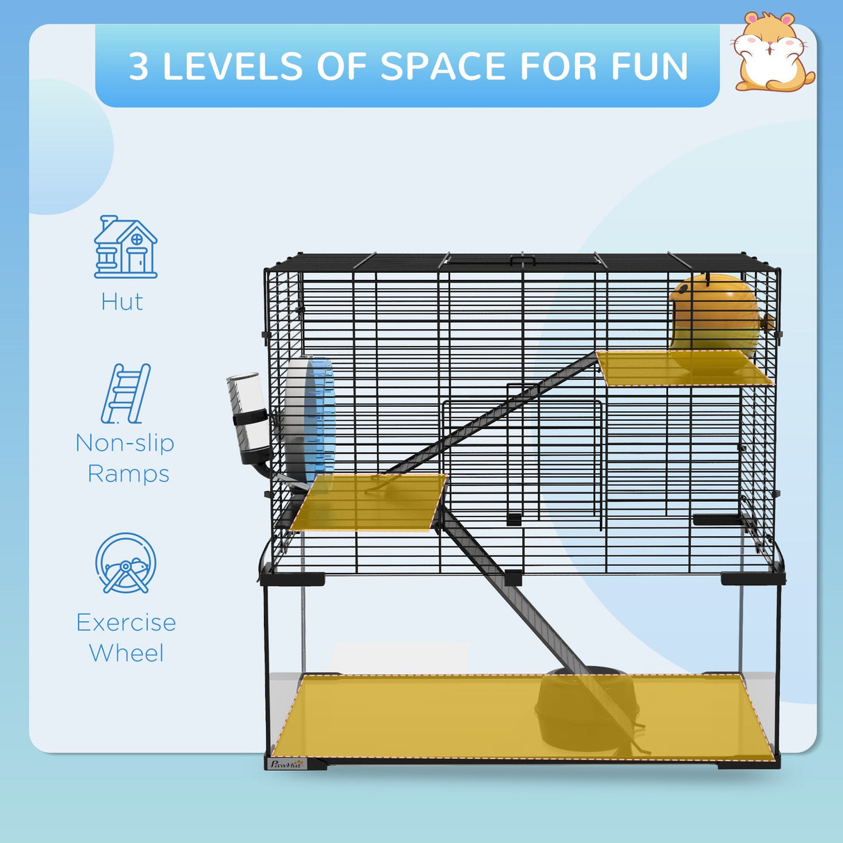 3-Tier Gerbil & Hamster Cage with Glass Bottom - 60x40x57cm, PawHut,