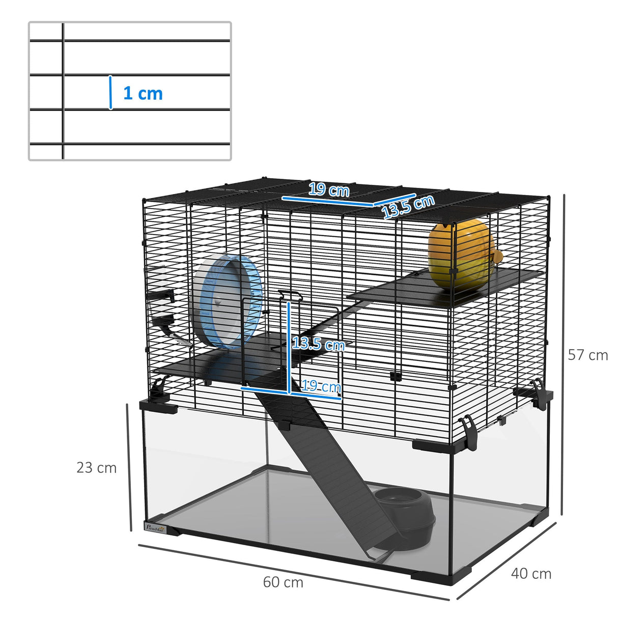 3-Tier Gerbil & Hamster Cage with Glass Bottom - 60x40x57cm, PawHut,